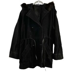Vintage 80s 90s JG Hook Black Wool Coat Faux Fur Trim Hood Drawstring Waist Pea